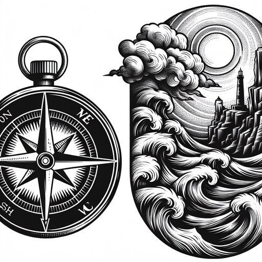Sketch "A compass surrounded by stormy waves, with a lighthouse in the distance atop rugged cliffs." Tattoo Design
