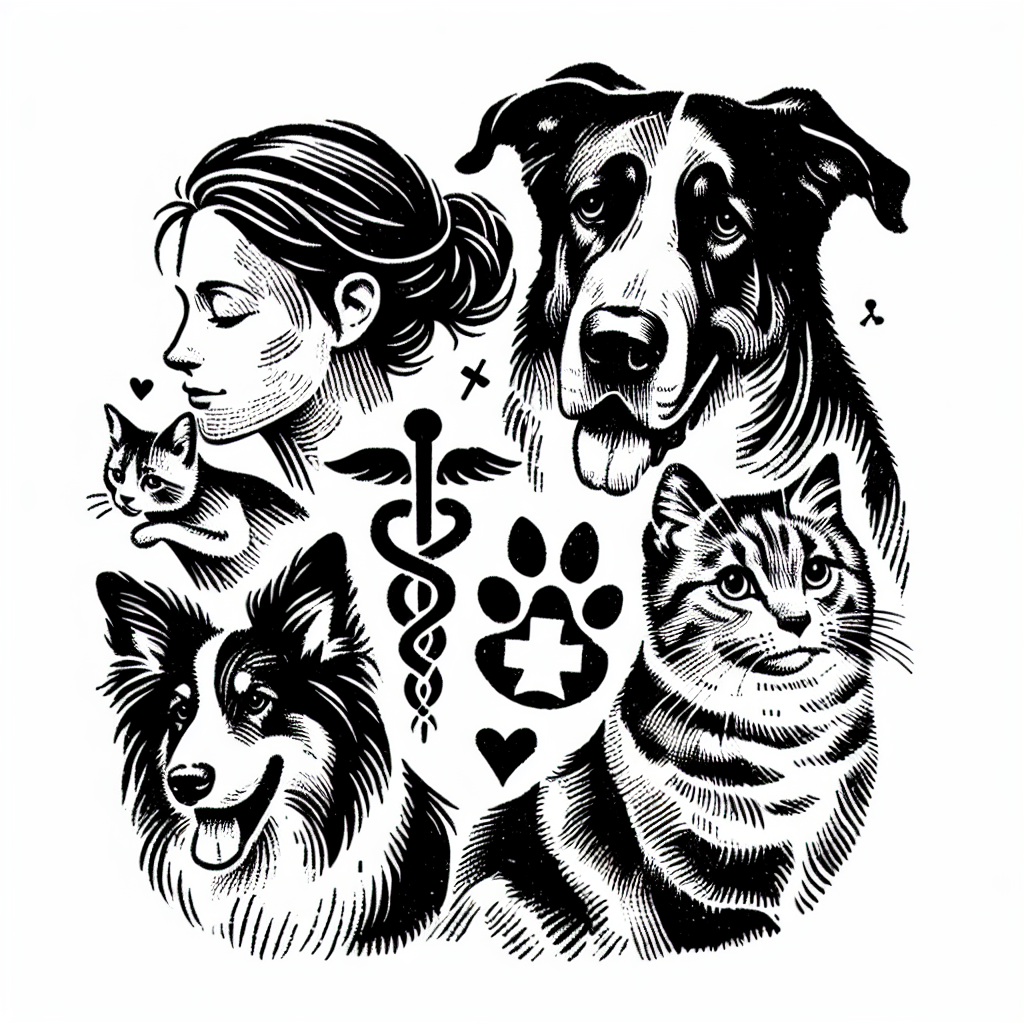 Sketch "Use symbol for healing woman, incorporate australian shepherd dog named Emma, a Great Dane with floppy ears named Trinity and a big eyed cat named peanut" Tattoo Design