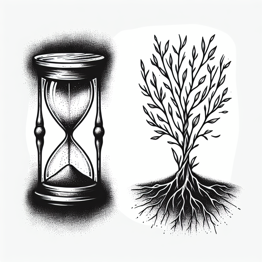 A Delicate Hourglass With Roots Growing From Its Base And Branches At Its Top.