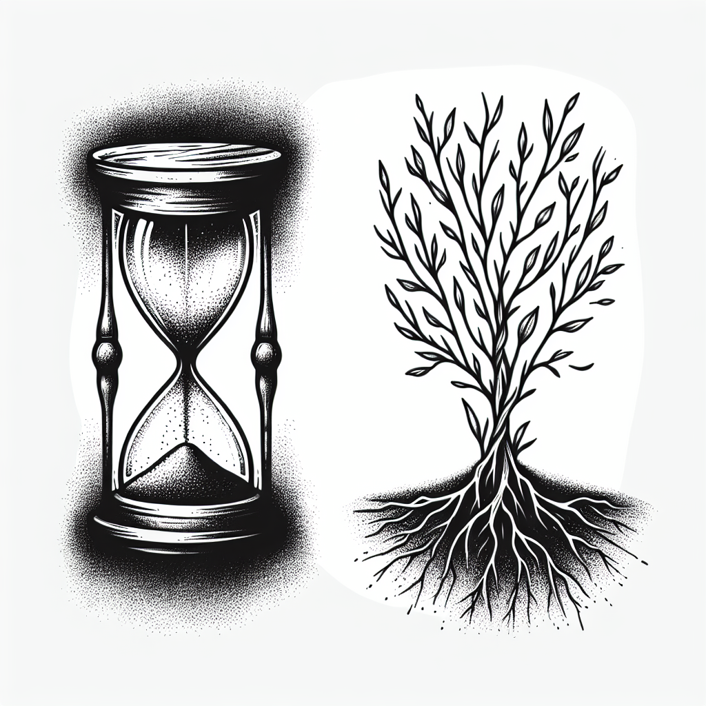 Sketch "a delicate hourglass with roots growing from its base and branches at its top." Tattoo Design