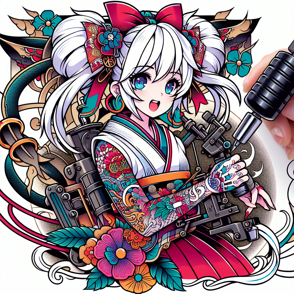 Traditional "anime girl with white hair and twin pigtails with bows in her hair holding a tattoo machine" Tattoo Design