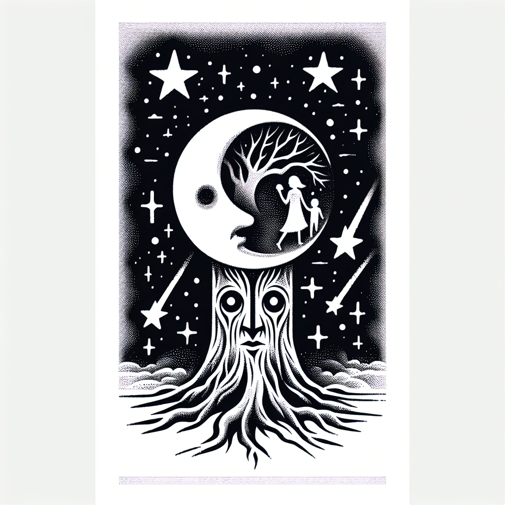 Sketch "Large Tree of life in background, one half moon merged nose, eyes, mouth similar to Jack the knife; three shooting stars behind the scene depicting my wife, son and daughter; feeling of love" Tattoo Design