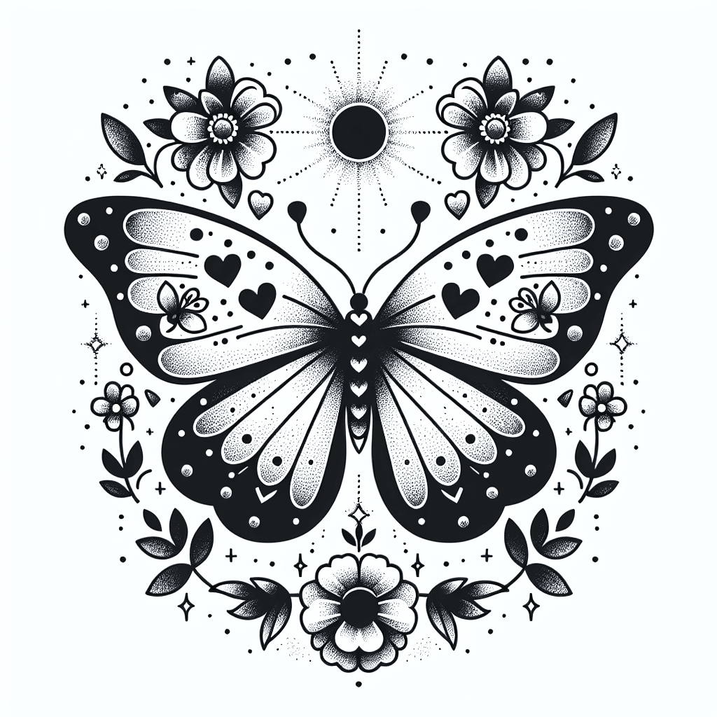 Dotwork "uma borboleta com uns corações bem pequenos de detalhe, uma flores bem delicadas e lindas em cima e embaixo da borboleta e um sol pequeno em cima da borboleta e uma lua pequena embaixo da borboleta" Tattoo Design