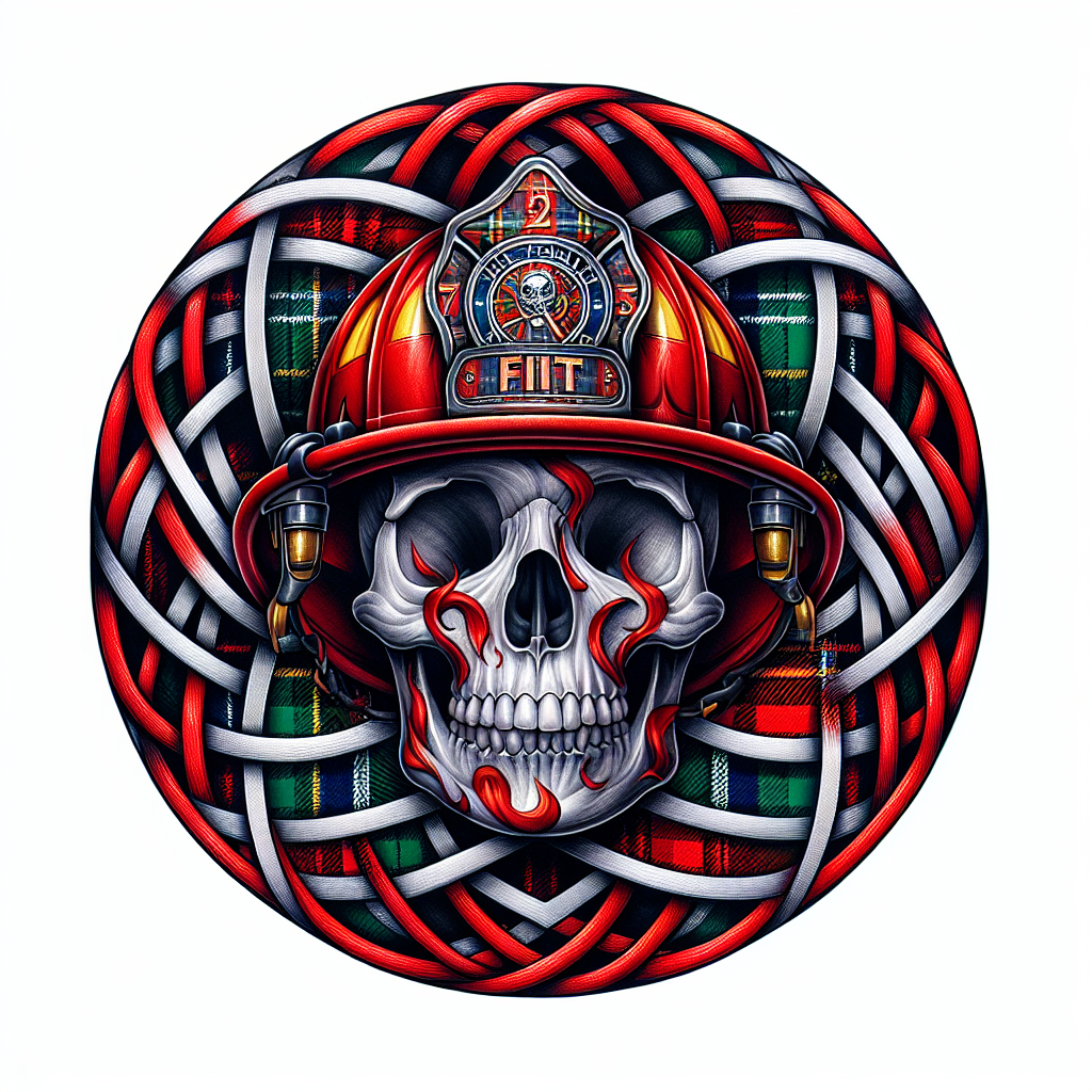 Realism "A circular tattoo with A skull with a red firefighter helmet, surrounded by the Hay Family Tartan with a celtec weave bordering the tartan" Tattoo Design