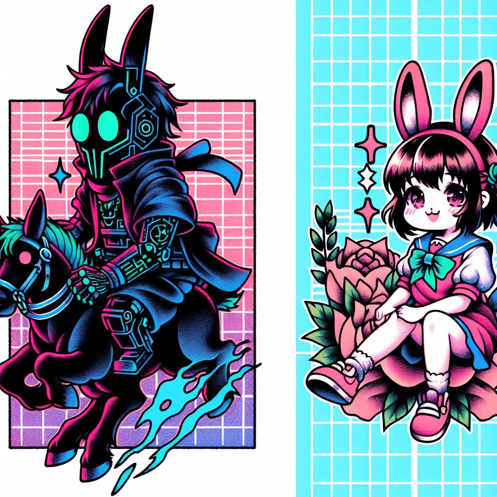 Traditional "petite bunny anime girl riding tall dark anime vapor wave boy" Tattoo Design