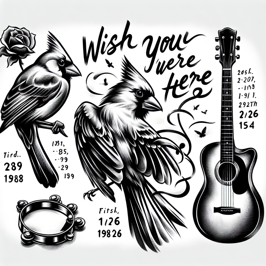 Sketch "tattoo to commemorate my mothers passing. The dates of her life born to death. A quote "wish you were here" with a realistic cardinal, guitar and tambourine in the background" Tattoo Design