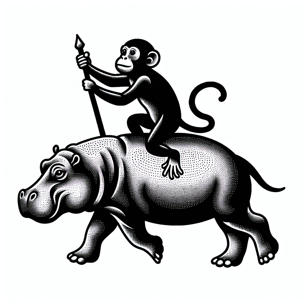 Dotwork "a monkey riding a hippo" Tattoo Design
