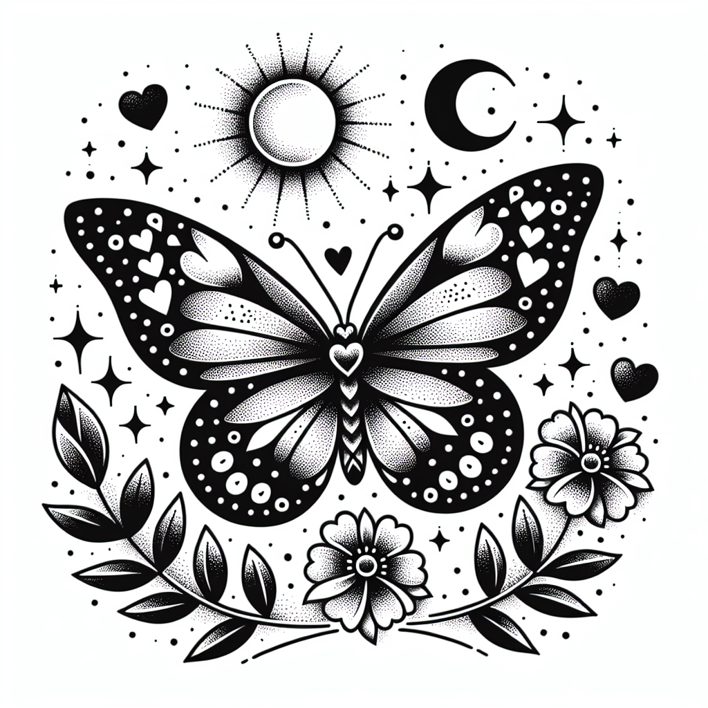 Dotwork "uma borboleta com uns corações bem pequenos de detalhe, uma flores centralizadas em cima e embaixo bem delicadas e lindas e um sol pequeno em cima da borboleta e uma lua pequena embaixo da borboleta" Tattoo Design