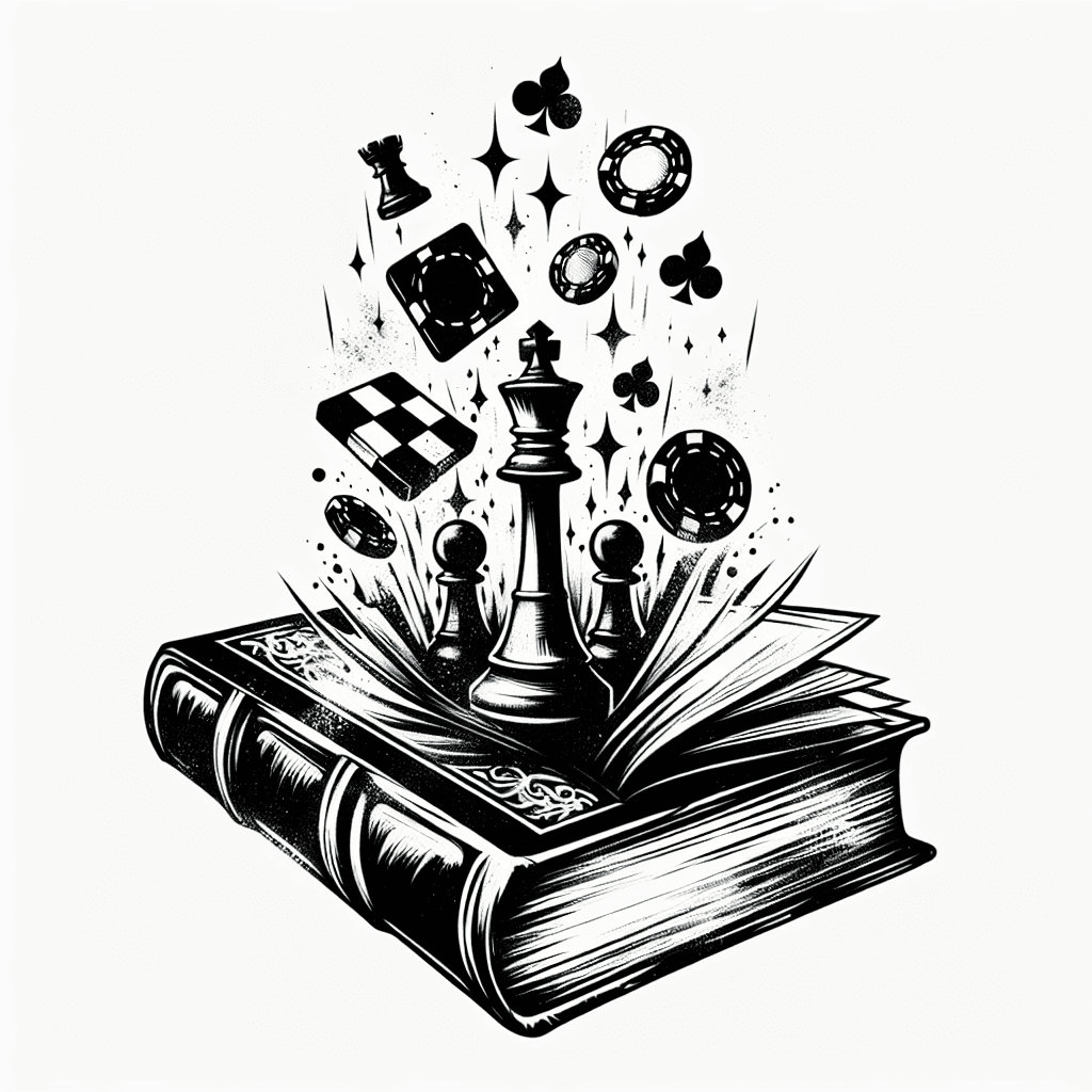 Sketch "Antique book with chess pieces and poker chips mystically rising out and getting bigger" Tattoo Design