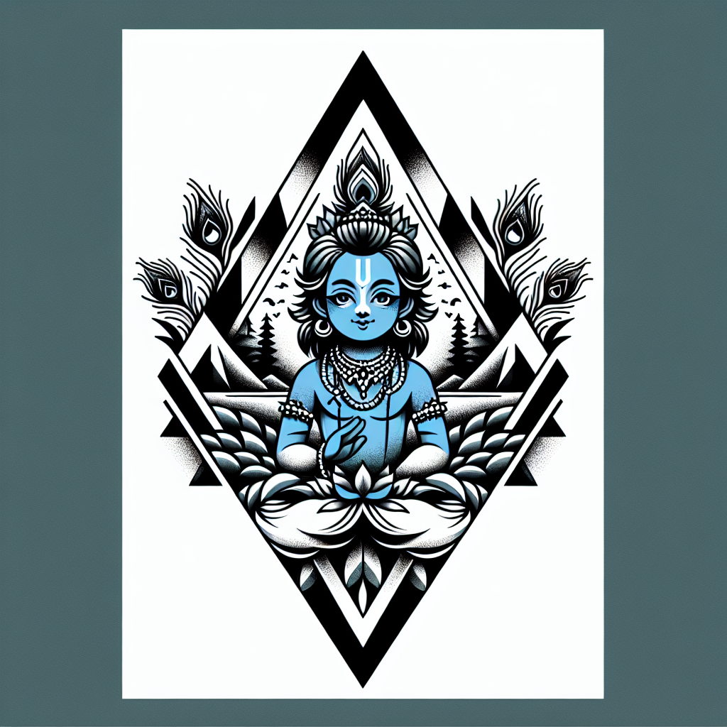 Geometric "A little Indian Lord Krishna with a unique nature landscape A vibrant and serene landscape featuring a young deity with blue skin and golden attire. The deity is adorned with a peacock feather on his" Tattoo Design