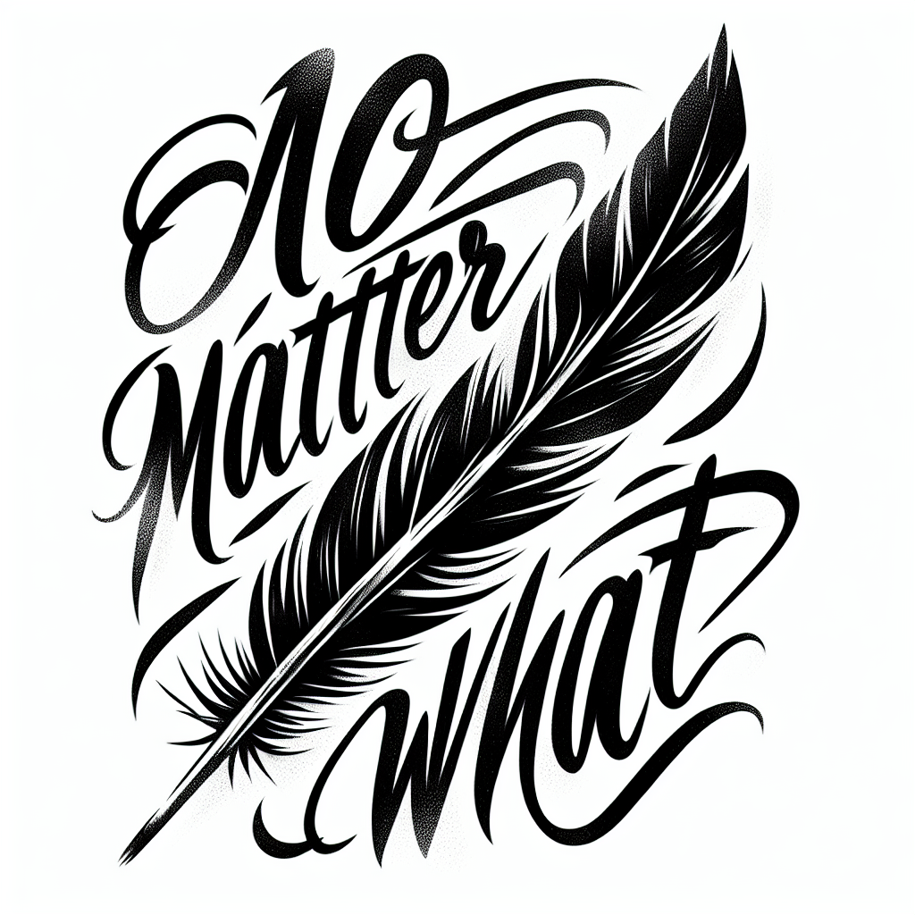 Sketch ""No matter what" in handwritten script and incorporate a feather" Tattoo Design