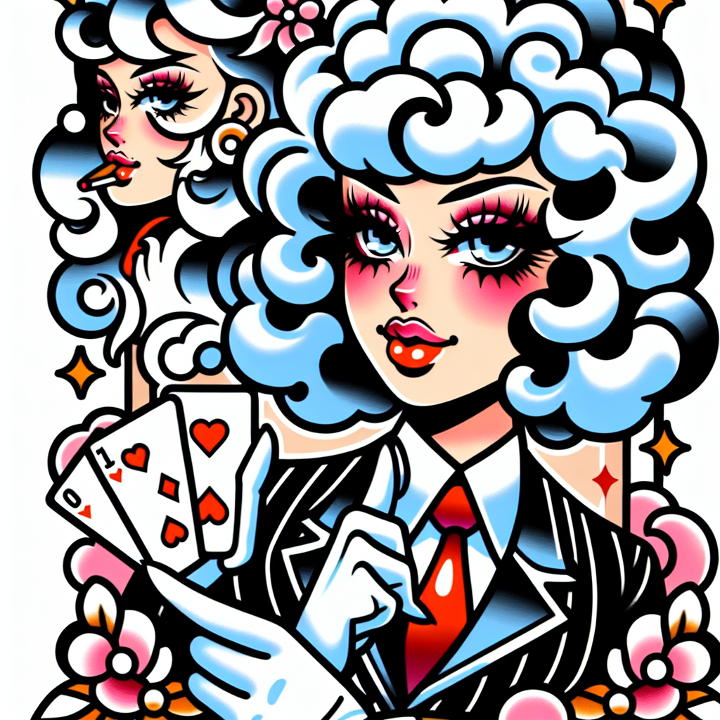 Traditional "anime girl with cloud hair, plump lips, long eyelashes, wearing a suit and gloves holding a card" Tattoo Design