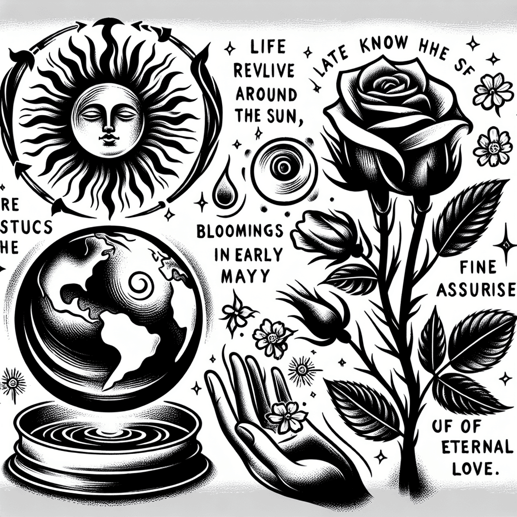 Sketch "As around the sun the earth knows she's revolving
And the rosebuds know to bloom in early may
Just as hate knows love's the cure
You can rest your mind assure
That I'll be loving you always" Tattoo Design