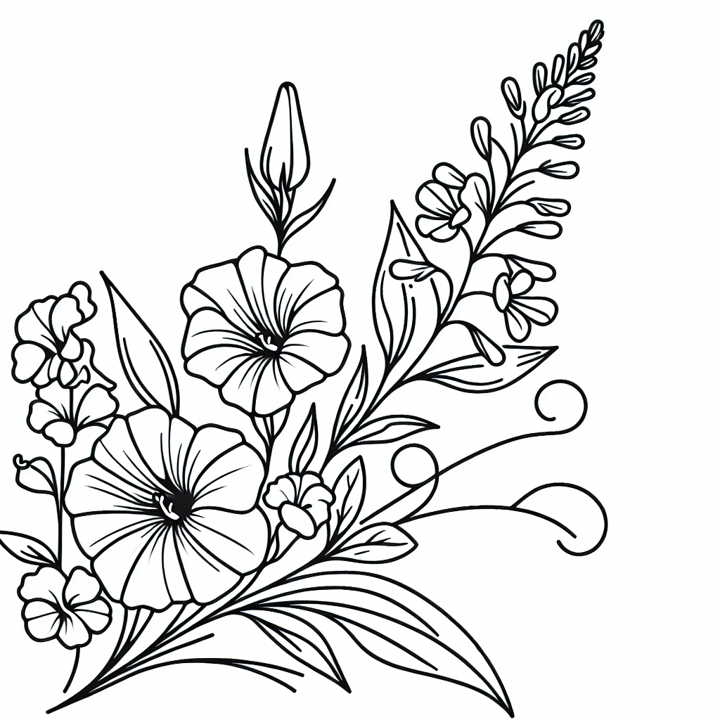 Single line "Honeysuckles and morning glories surrounding a larkspur flower" Tattoo Design