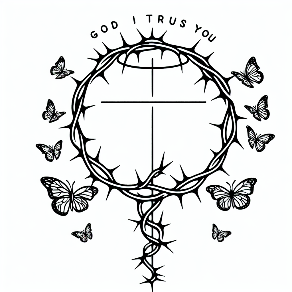 Single line "“God I Trust You” ring of thorns around the T and butterflies" Tattoo Design