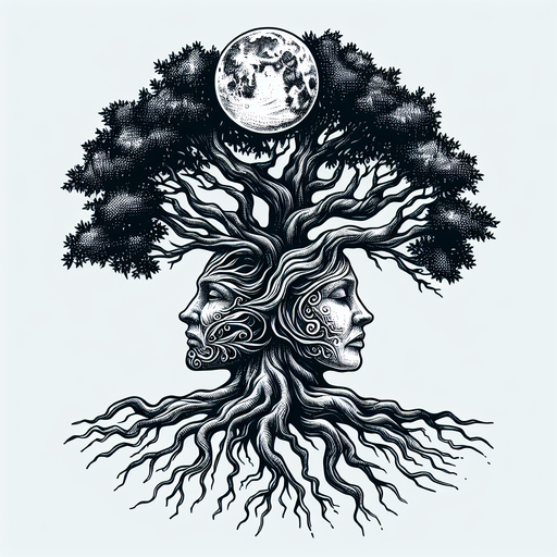 Sketch "A majestic oak tree whose roots morph into intricate human faces, symbolizing our deep connection with nature and the ancestry of all life." Tattoo Design