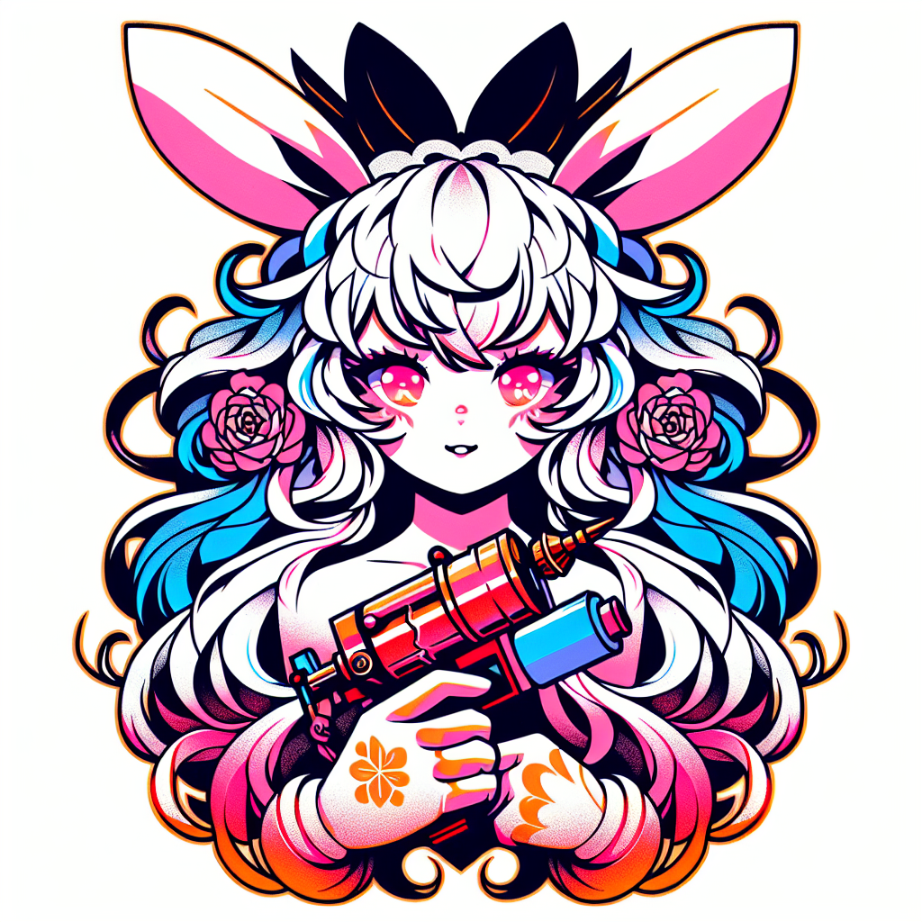 Traditional "Anime Girl With White Cloud Hair And Bunny Ears With Pink Eyes holding a tattoo gun machine" Tattoo Design