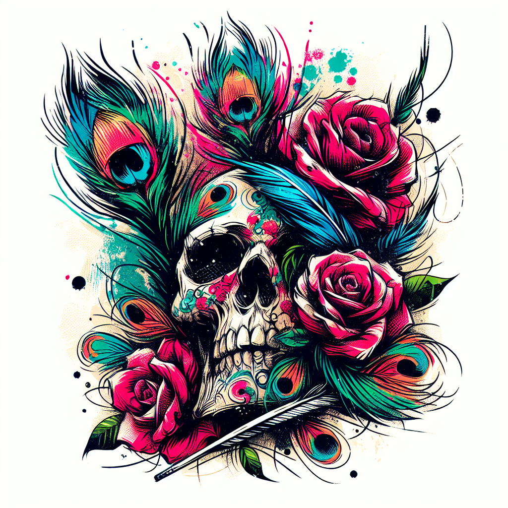 Skull With Peacock Feathers And Roses