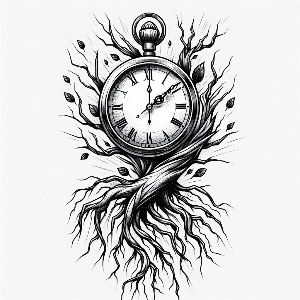 Sketch "a clock with tree roots growing around and through it." Tattoo Design