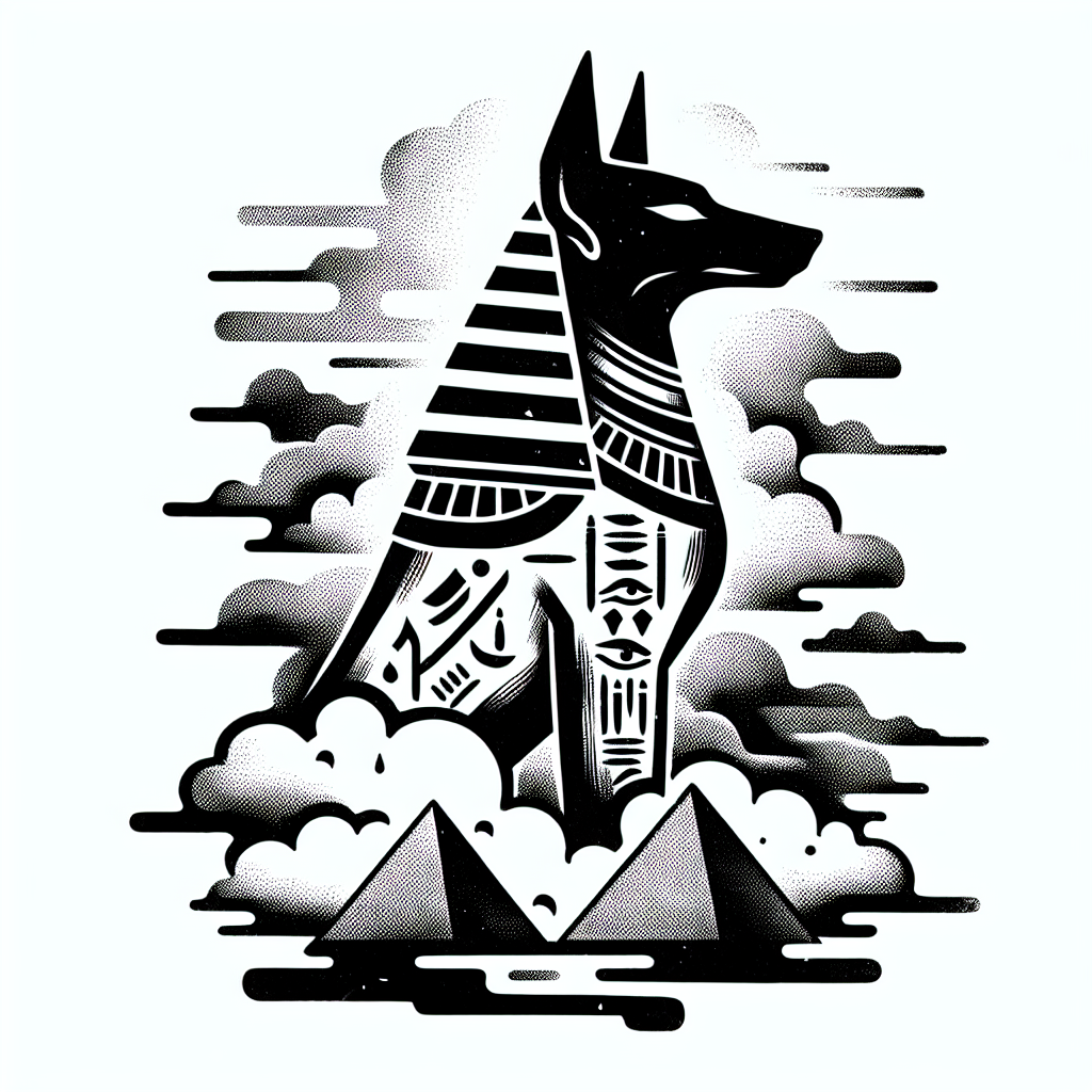 Anubis In A Cloud Hovering  Over Top Of The Great Pyramids With Hieroglyphics On The Outside Of The Pyramids.