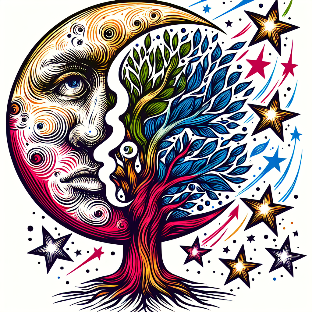 Large Tree Of Life As The Background, A Half Moon Merged With A Man’s Nose, Eyes, Mouth Into The Moon Above The Tree, Three Identical Shooting Stars, Two Smaller, All Streaking Lines Left To Right