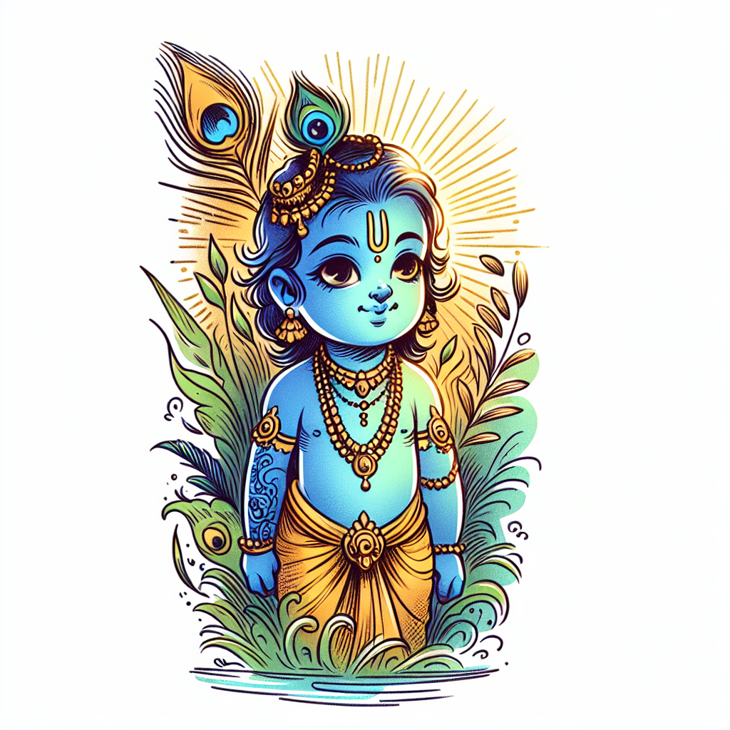 Sketch "A little Indian Lord Krishna with a unique nature landscape A vibrant and serene landscape featuring a young deity with blue skin and golden attire. The deity is adorned with a peacock feather on his" Tattoo Design