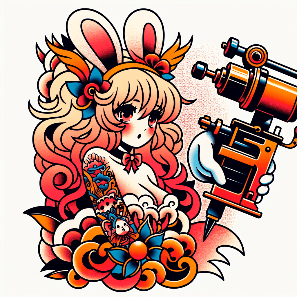 Traditional "anime girl with cloud hair and bunny ears holding a tattoo machine gun" Tattoo Design