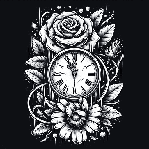 A Clock With Its Hands Frozen At Midnight, Intertwined With Blooming Roses And Wilting Daisies, Symbolizing The Dual Nature Of Time - Both As A Moment Of Renewal And Decay.