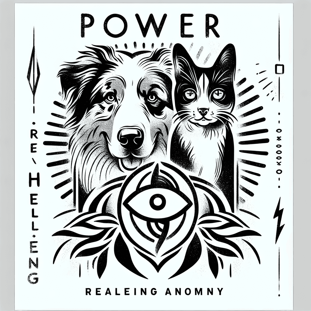 Sketch "Power healing symbol for woman, incorporate australian shepherd dog named Emma, a Great Dane with floppy ears named Trinity and a big eyed cat named peanut" Tattoo Design