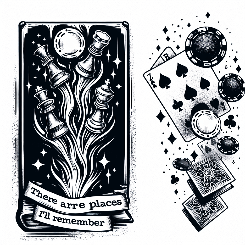 Sketch "Chess Pieces Poker Chips And Playing Cards Mystically Rising From Antique Book With The Words “there Are Places I’ll Remember" Tattoo Design