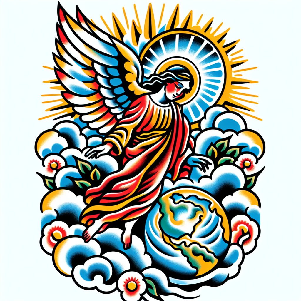 Traditional "Angel in the clouds looking down at earth" Tattoo Design
