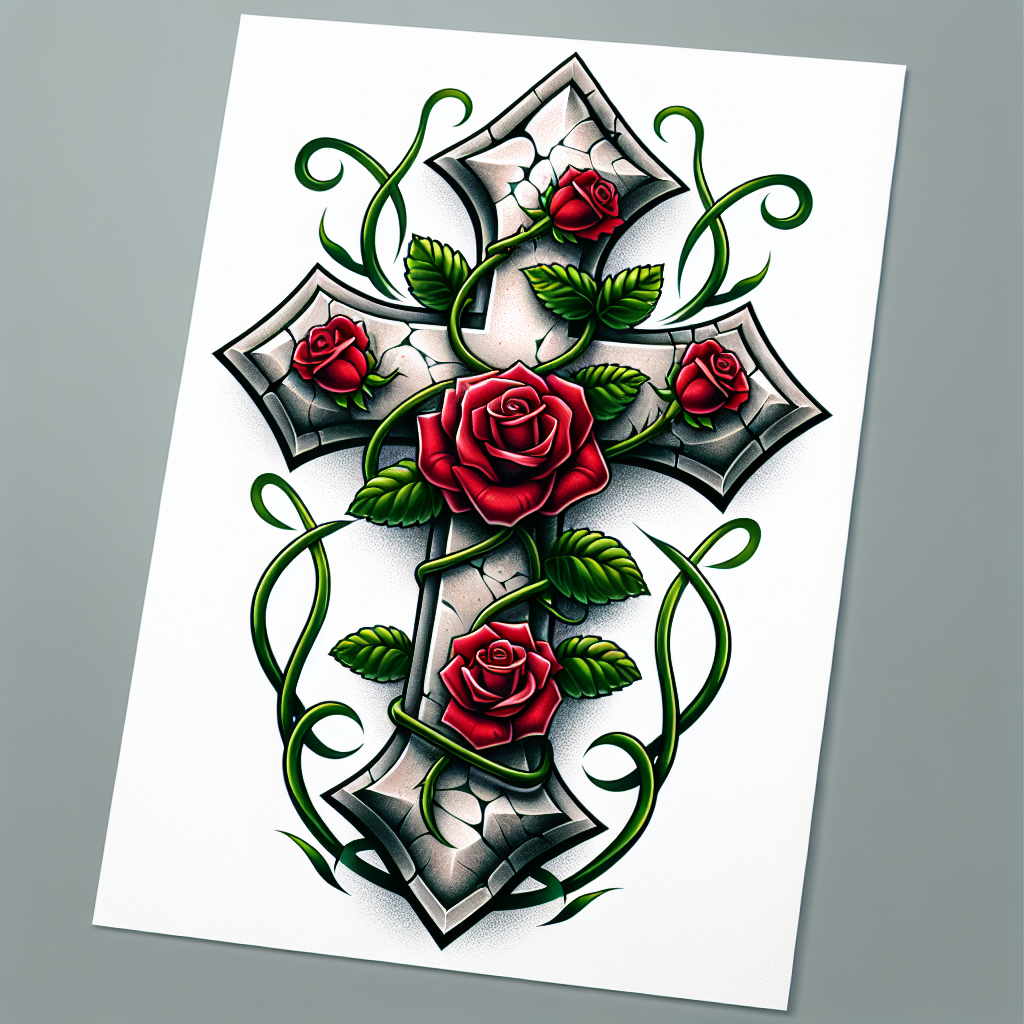 Realism "Simple stone Cross with three Red roses and green vines" Tattoo Design