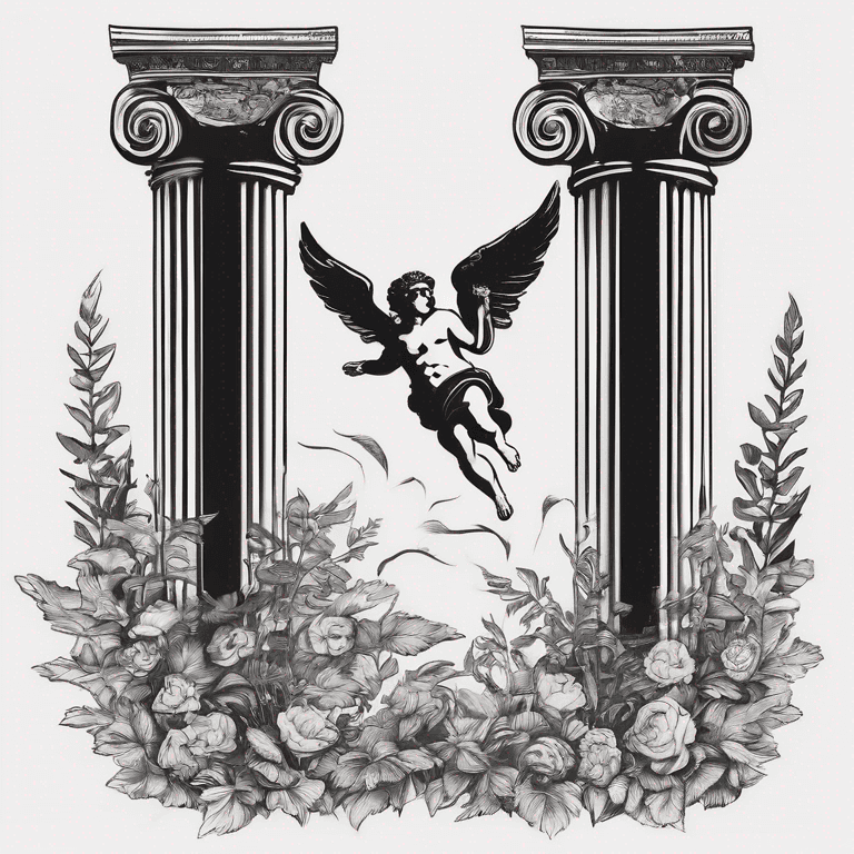 Anime "Cherubs flying atound some Roman columns and foliage with a saying that's says : death is not an end" Tattoo Design