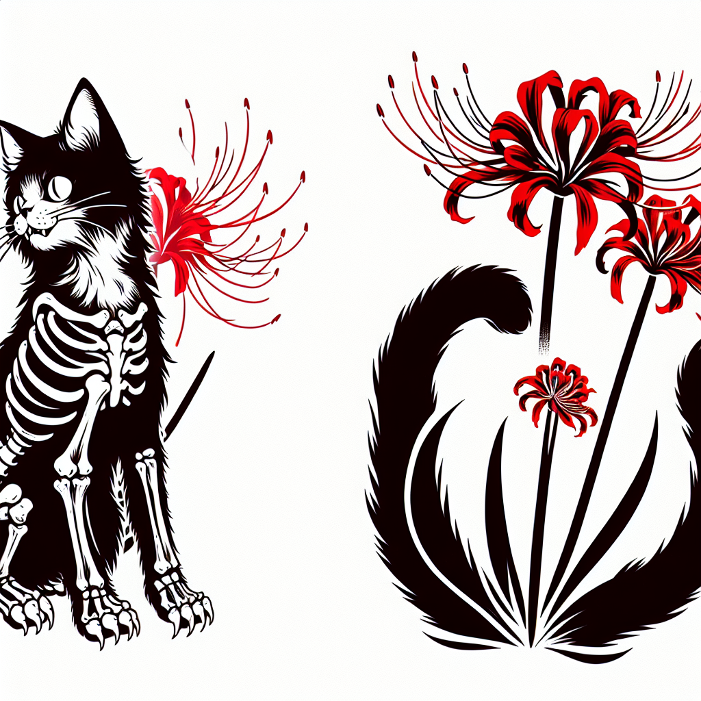 Anime "A full body cat, that is half skeleton, with red spider lillies" Tattoo Design