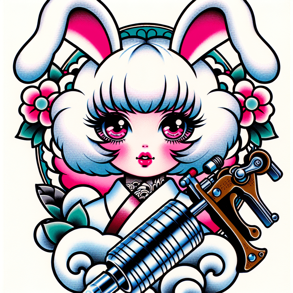 Traditional "Anime Girl With White Cloud Hair And Bunny Ears With Pink Eyes, plump lips and long eyelashes Holding A Tattoo Gun Machine" Tattoo Design