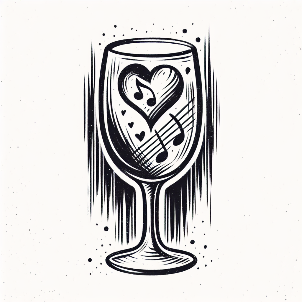 Sketch "dessin simple d'un verre de vin avec dedans dessin d'un coeur et d'une note de musique" Tattoo Design
