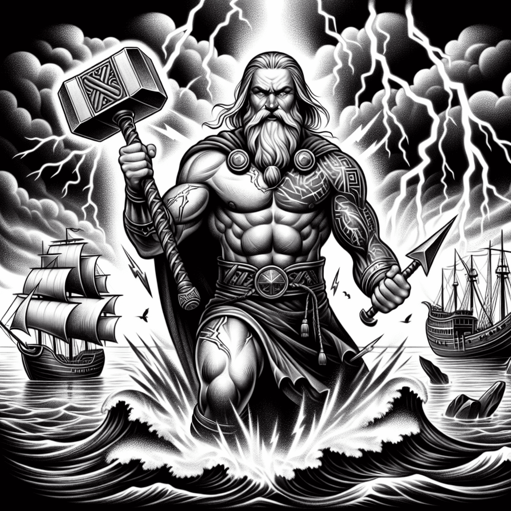 Realism "Gott Thor Mit Hammer, Blitze, Meer, Schiff Im Hintergrund" Tattoo Design