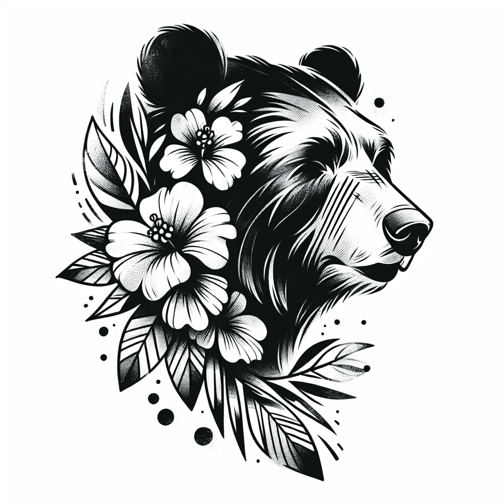 Sketch "Tête d'ours femelle avec des fleurs tropicale" Tattoo Design