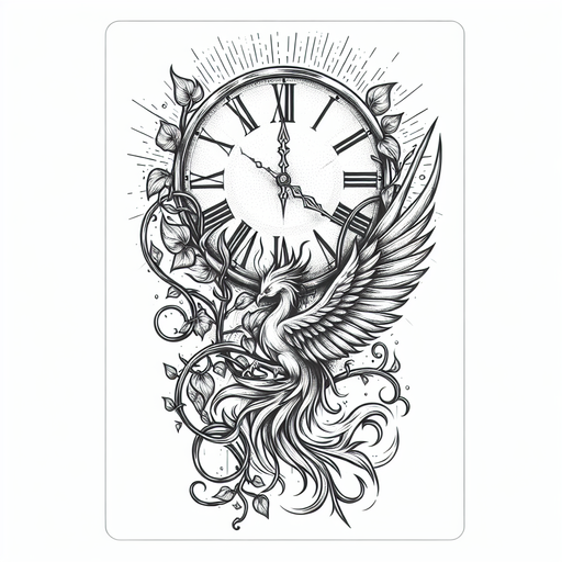 Sketch "A clock with its hands at midnight, partially covered by delicate ivy vines, with a phoenix rising from the bottom, its wings spread wide as if embracing the clock." Tattoo Design