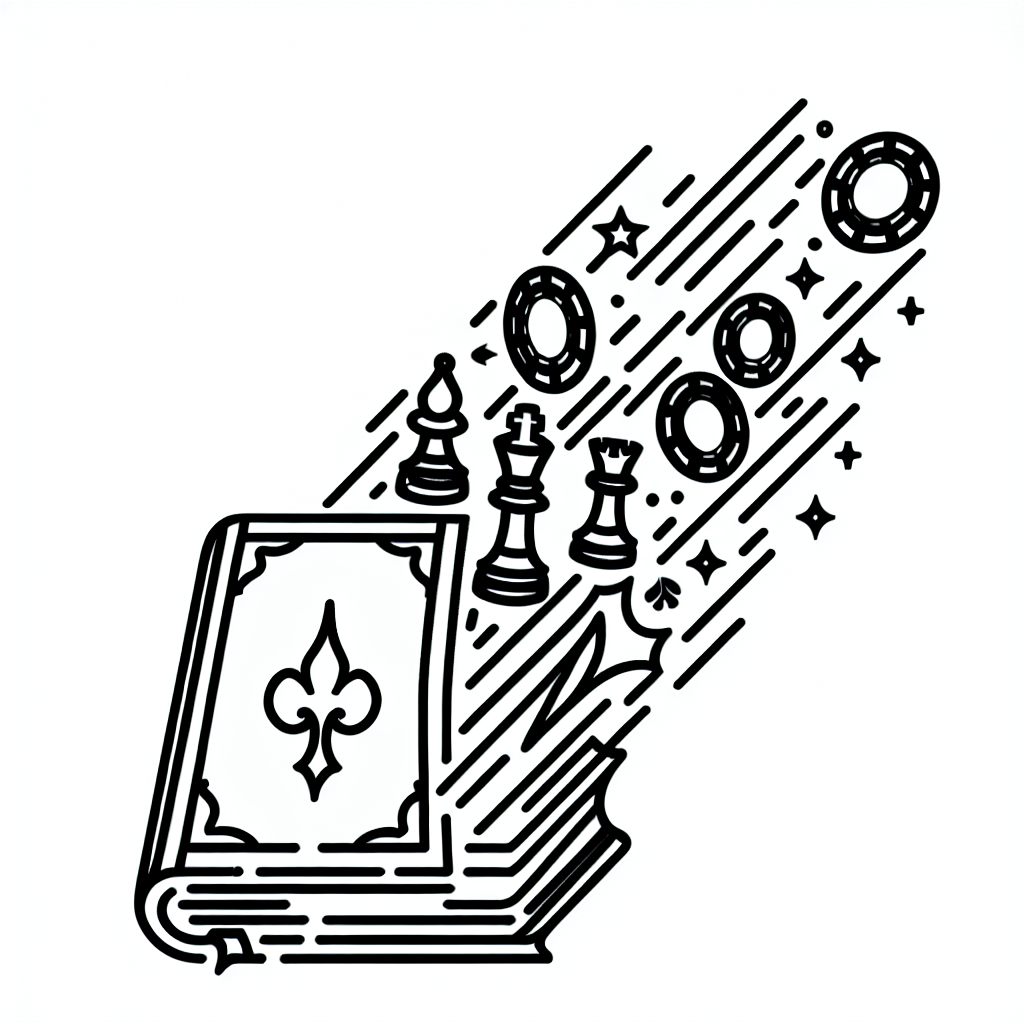 Single line "Antique book with poker chips and chess pieces shooting out" Tattoo Design
