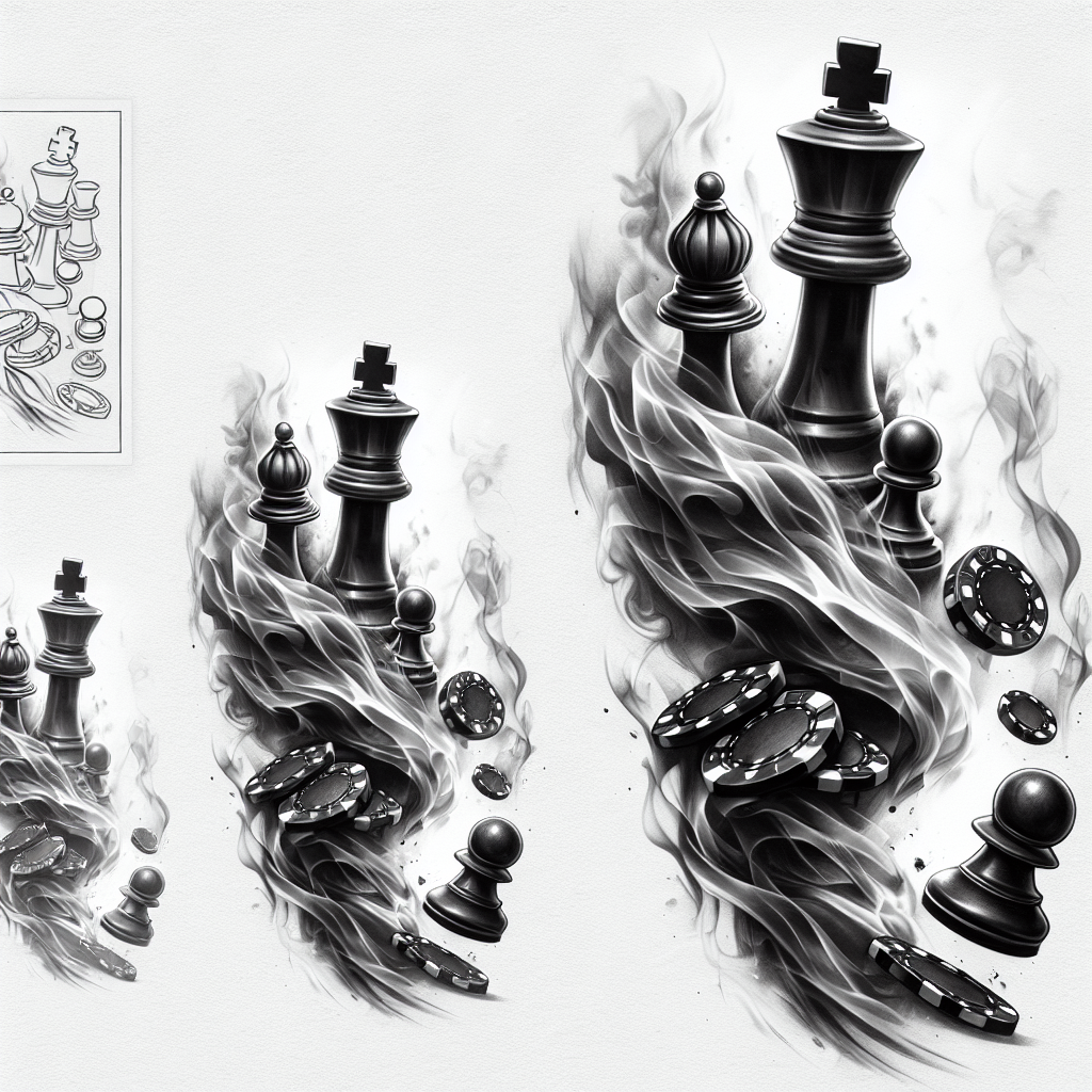 Realism "Chess pieces and poker chips floating in smoke. Starting small and getting bigger as it rises" Tattoo Design