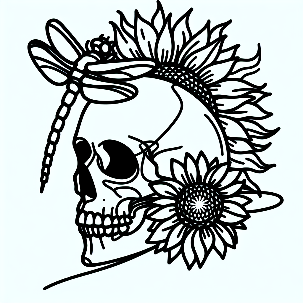 A Skull With A Dragonfly Baret On Left Side And Sun Flowers On Top Left