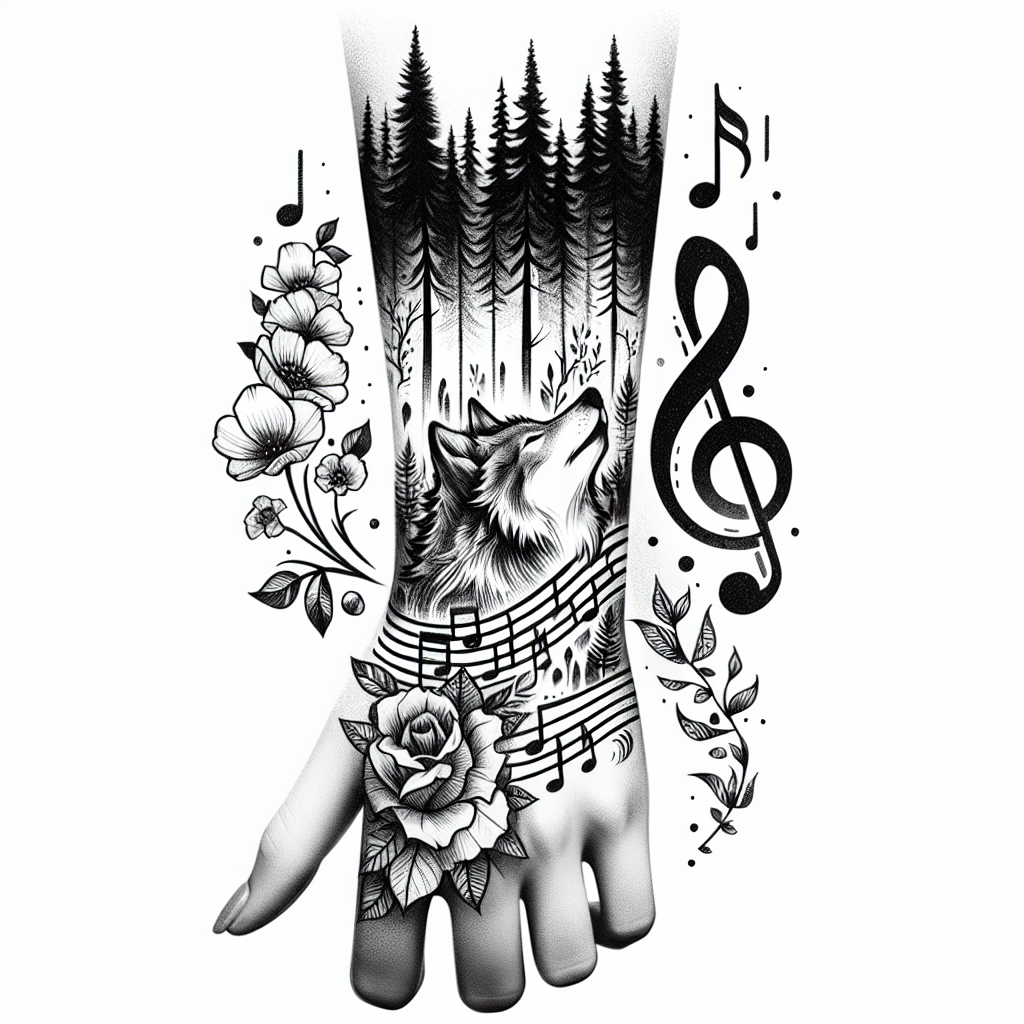 Sketch "Forest all around the wrist, a wolf on the inner arm, flowers and music notes connecting the entire Circumference of the forearm" Tattoo Design