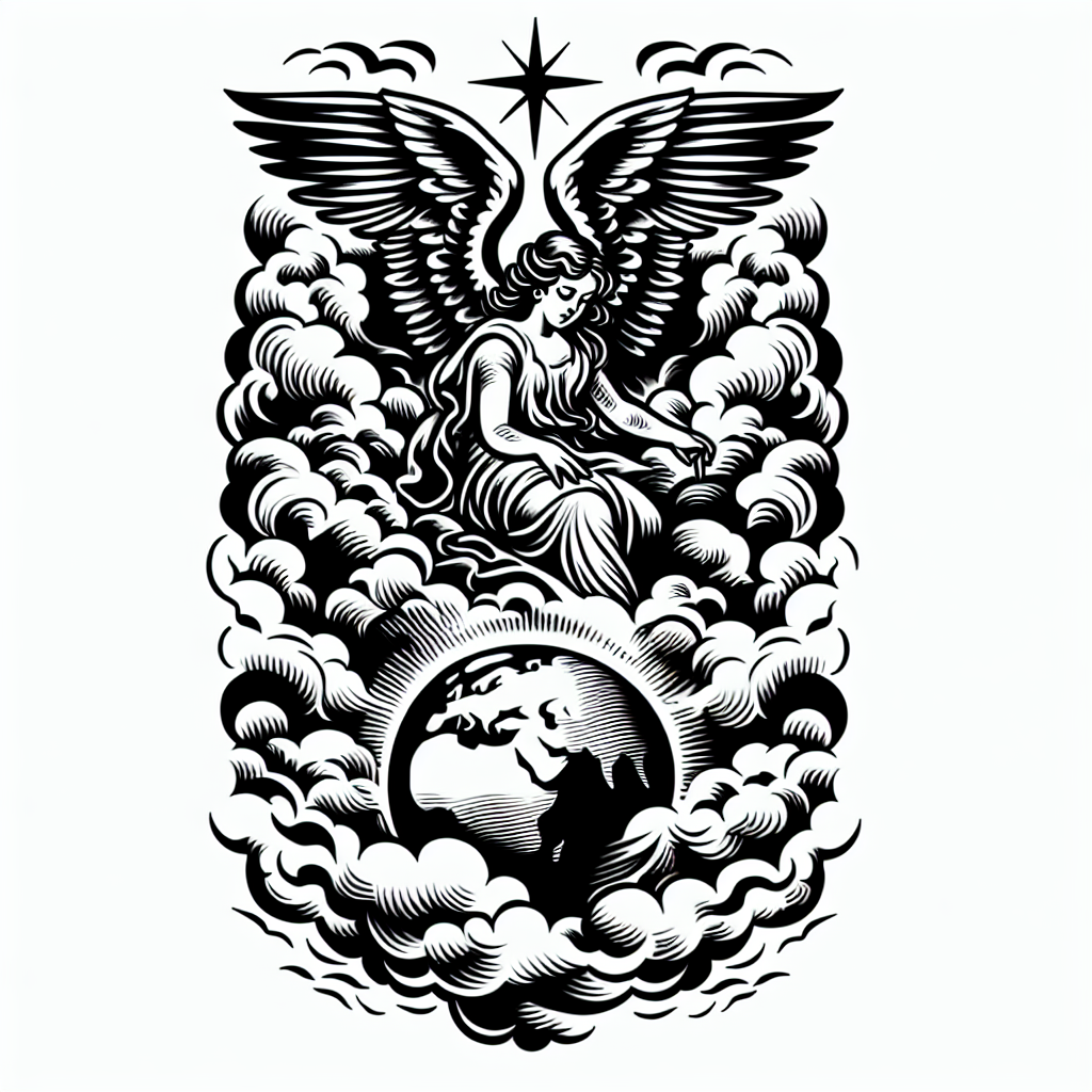 Traditional "Angel in the clouds looking down at earth" Tattoo Design