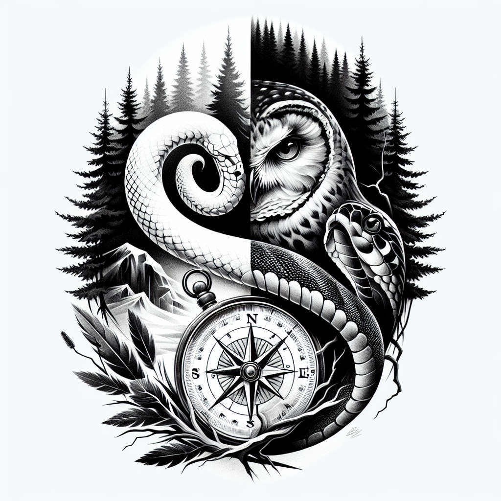 Realism "half geometric owl attacking snake with compass in forest" Tattoo Design
