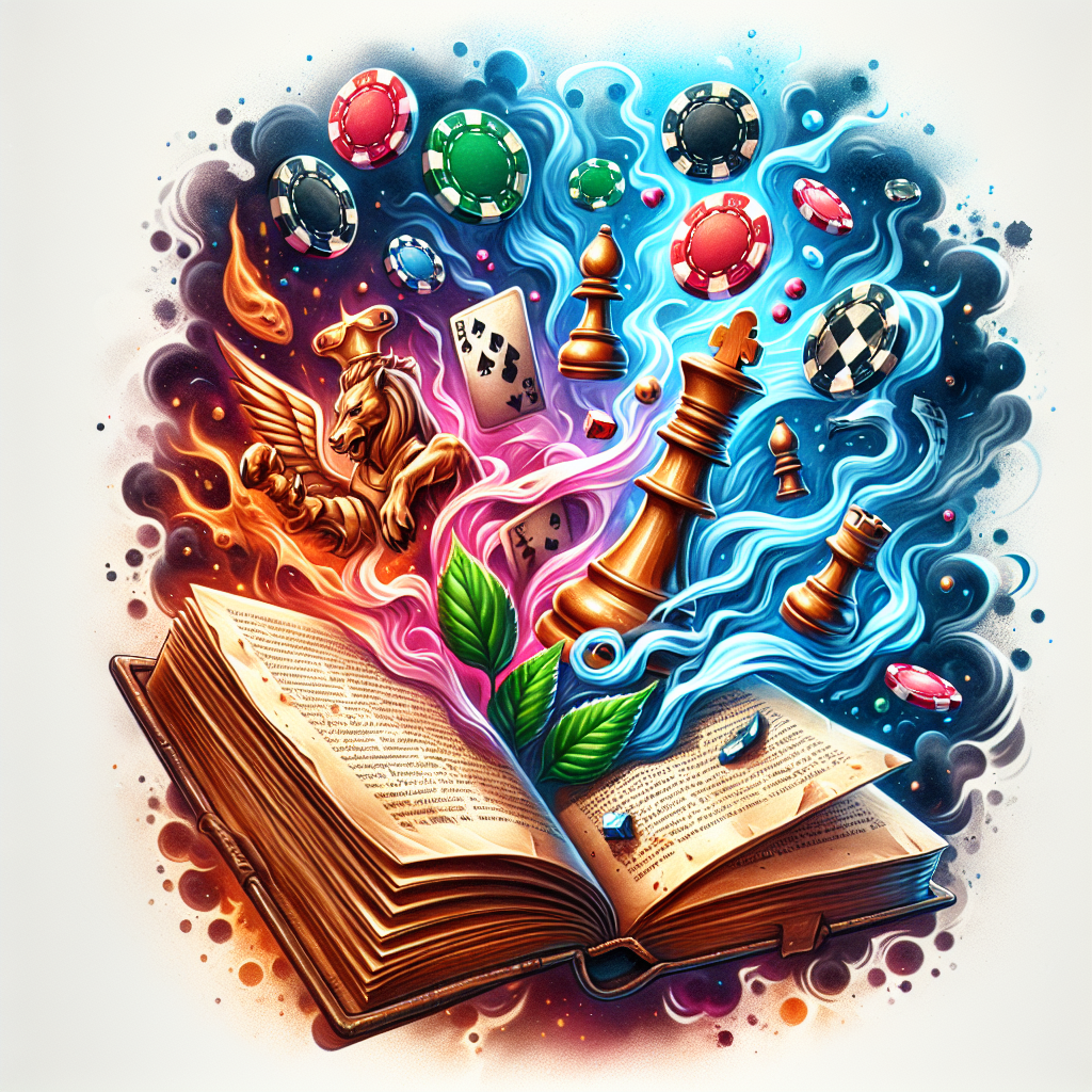 Realism "A tattered book opened with poker chips and chess pieces magically rising up out of it with smoke swirling and fog background" Tattoo Design