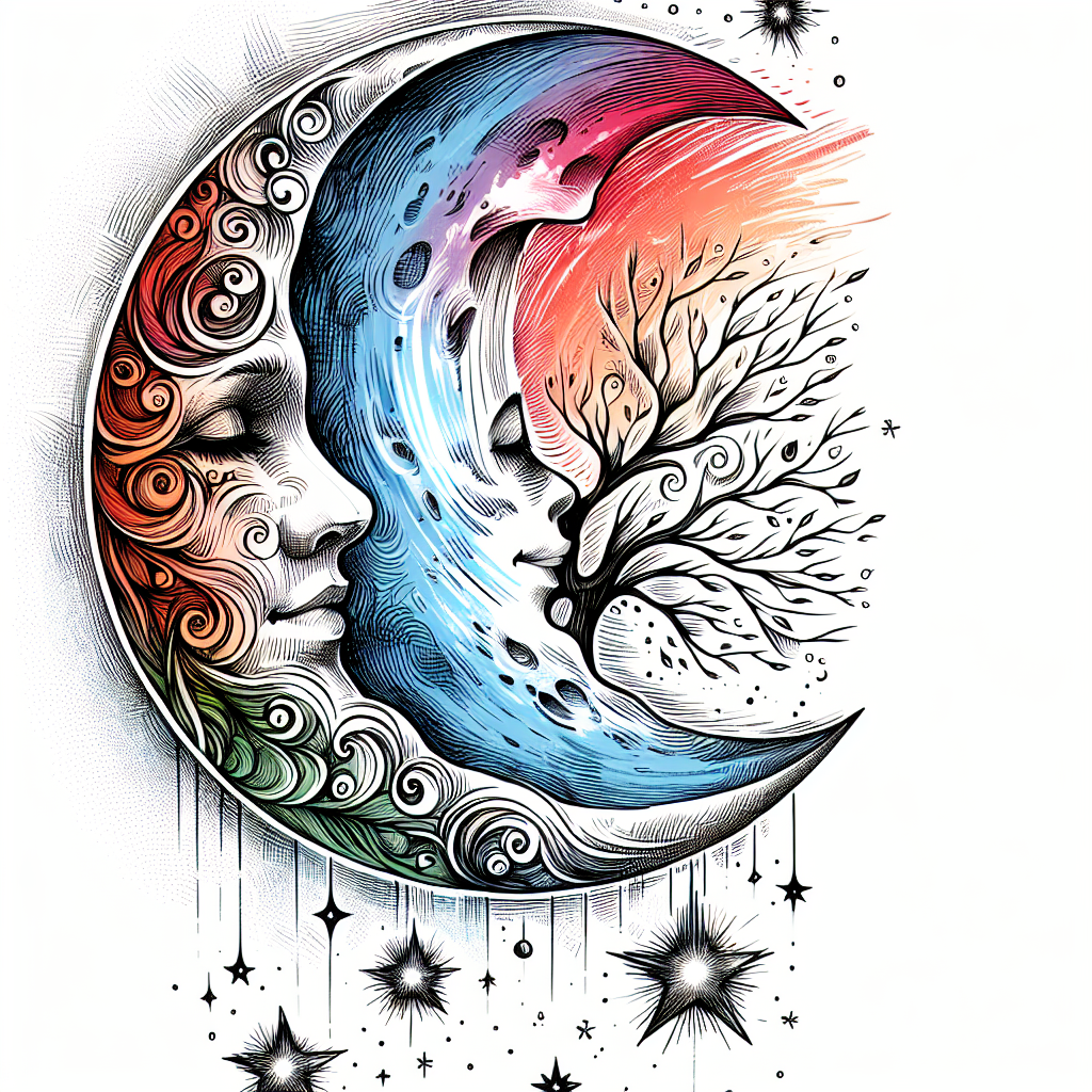 Sketch "Tree of life background, half moon merged with nose, eyes, mouth, three shooting stars depicting my wife and two kids, feeling of close family" Tattoo Design