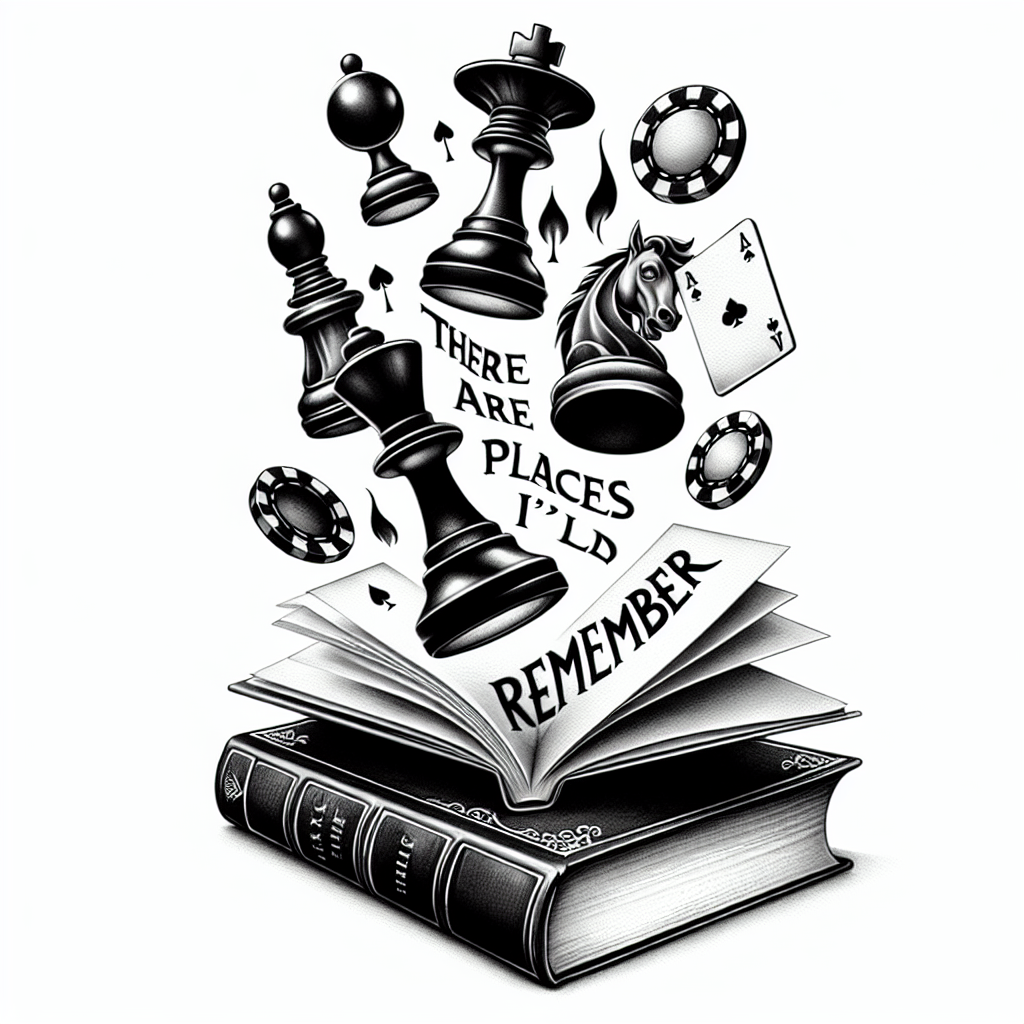 Realism "Chess Pieces Poker Chips And Playing Cards Mystically Rising From antique book With The Words “there Are Places I’ll Remember" Tattoo Design