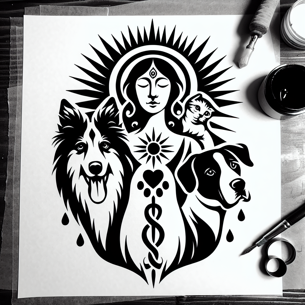 Healing Woman Symbol, Australian Shepherd (emma), Great Dane With Floppy Ears (trinity), And Big-eyed Cat (peanut)