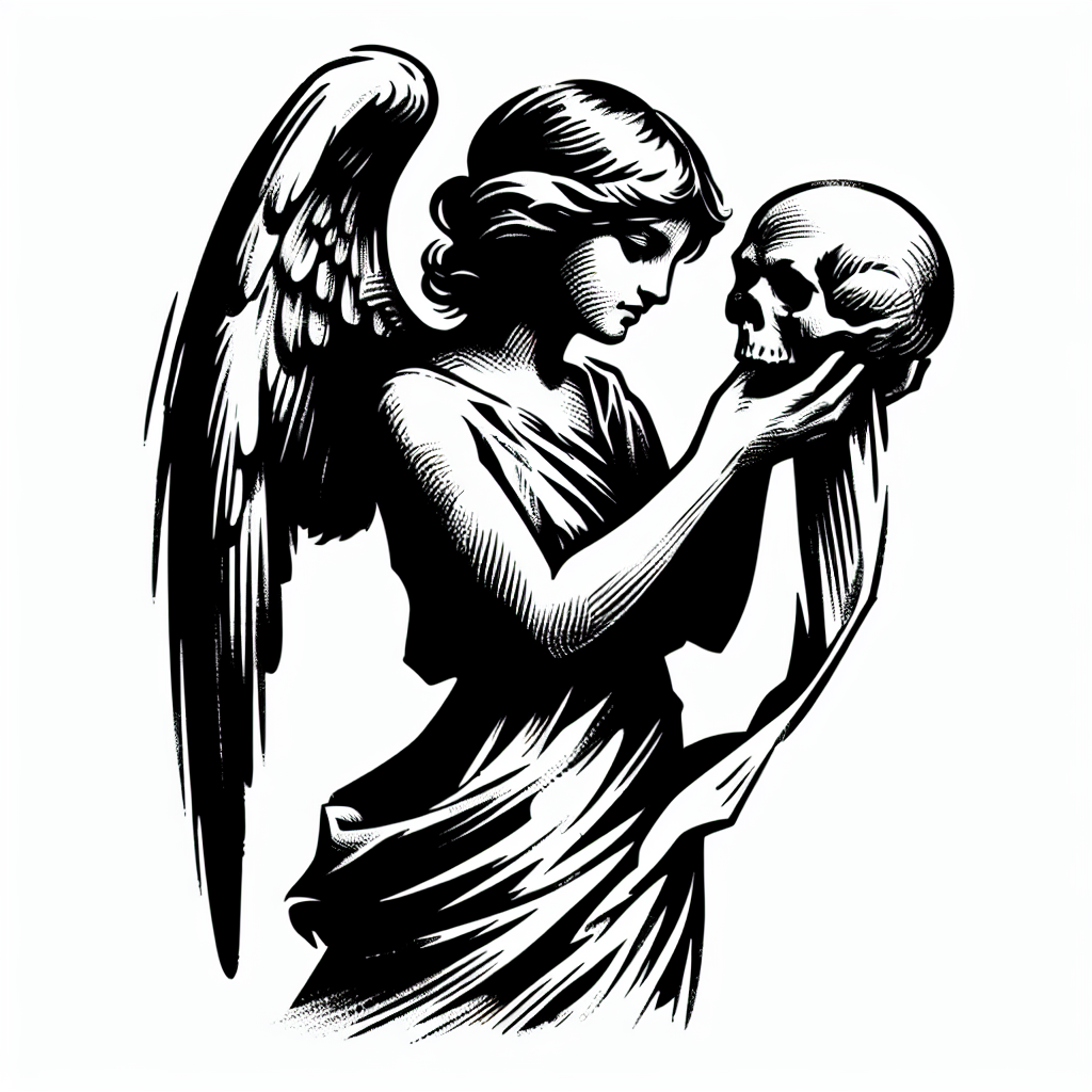 Sketch "Angel facing death holding skull head" Tattoo Design